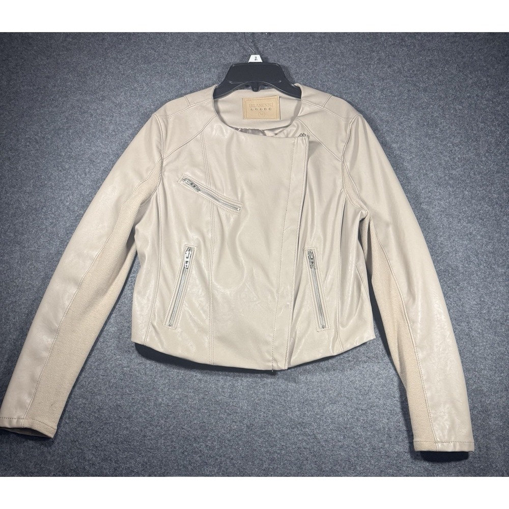 Blank NYC Womens Asymmetrical Faux Leather Moto Jacket Beige Size Medium